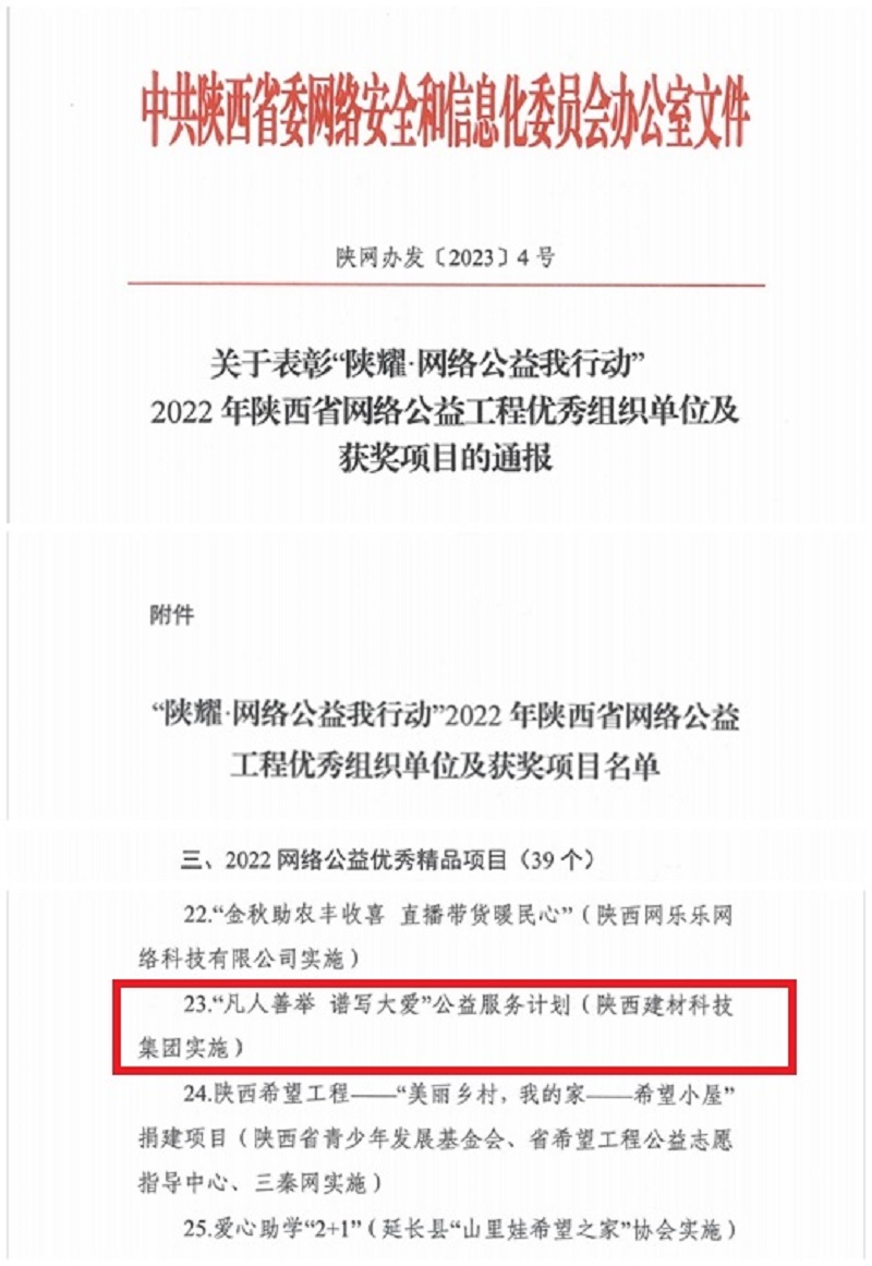 公益显担当 弘扬正能量——陕西建材科技公司荣登2022年陕西省网络公益工程优秀精品项目名单